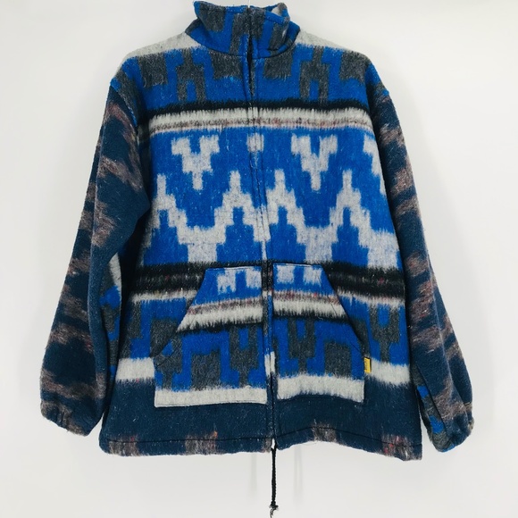 Molina Indian Drawing Full Zip Sweater Western Jacket Aztec Blue White Size M